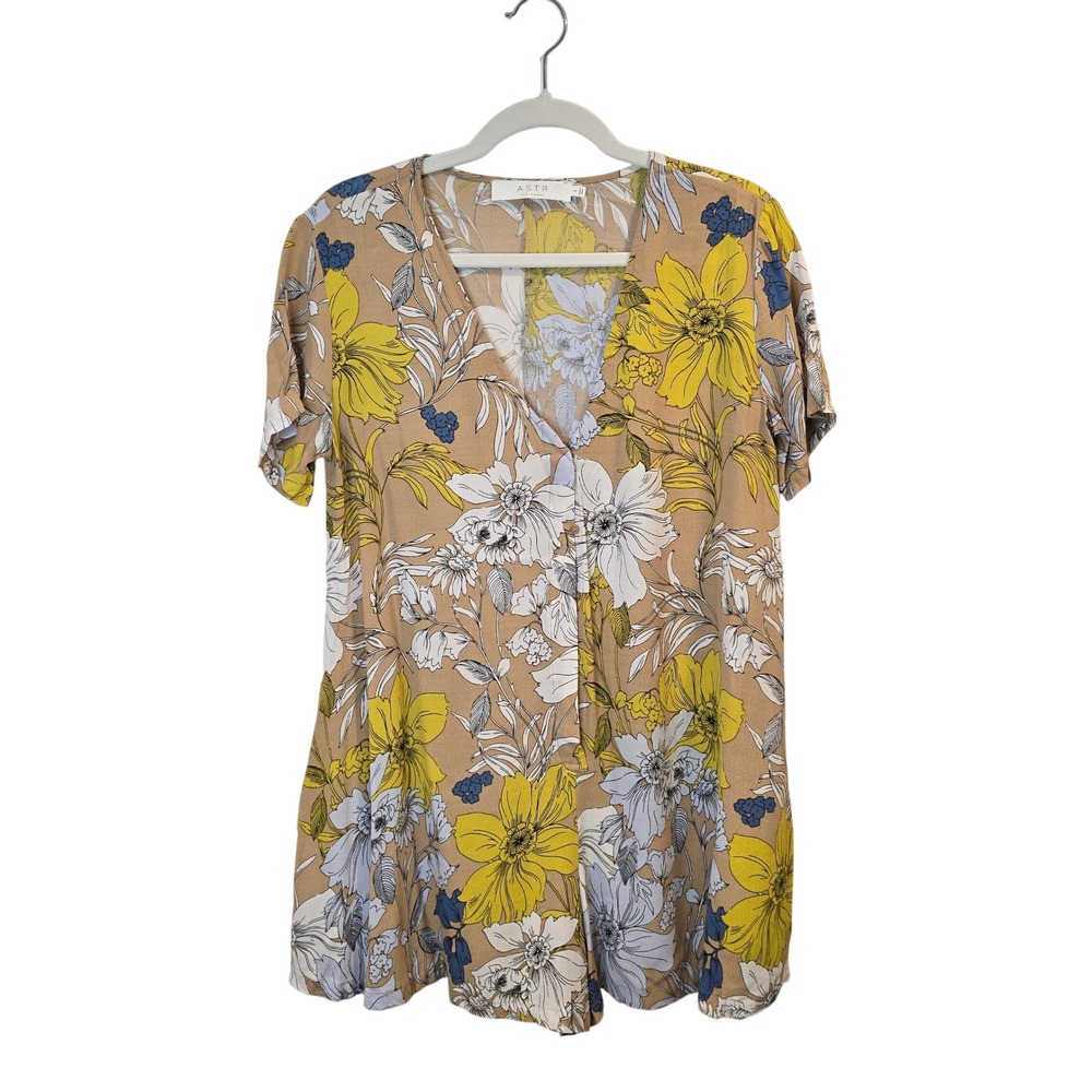 ASTR the Label Floral‎ Romper Womens Small Tan Yellow Short Sleeve Boho